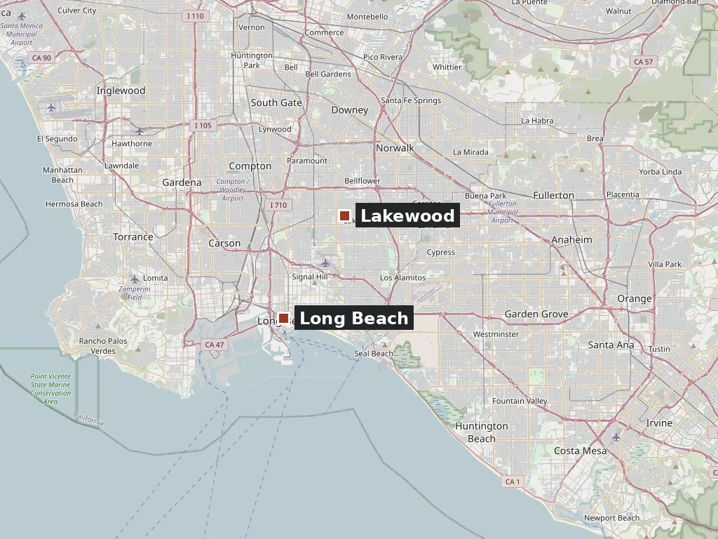 Map of the service area showing Long Beach on the coast and Lakewood to the northeast, between the 710 and 605 freeways