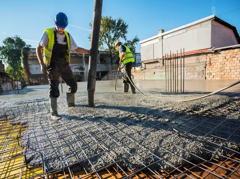 Crew placing concrete over a rebar grid with a pump hose